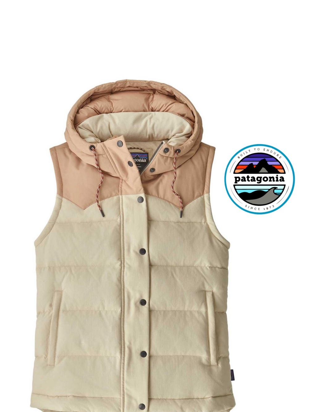 Patagonia Bivy Down Hooded Puffer Vest in Tan & Cream
